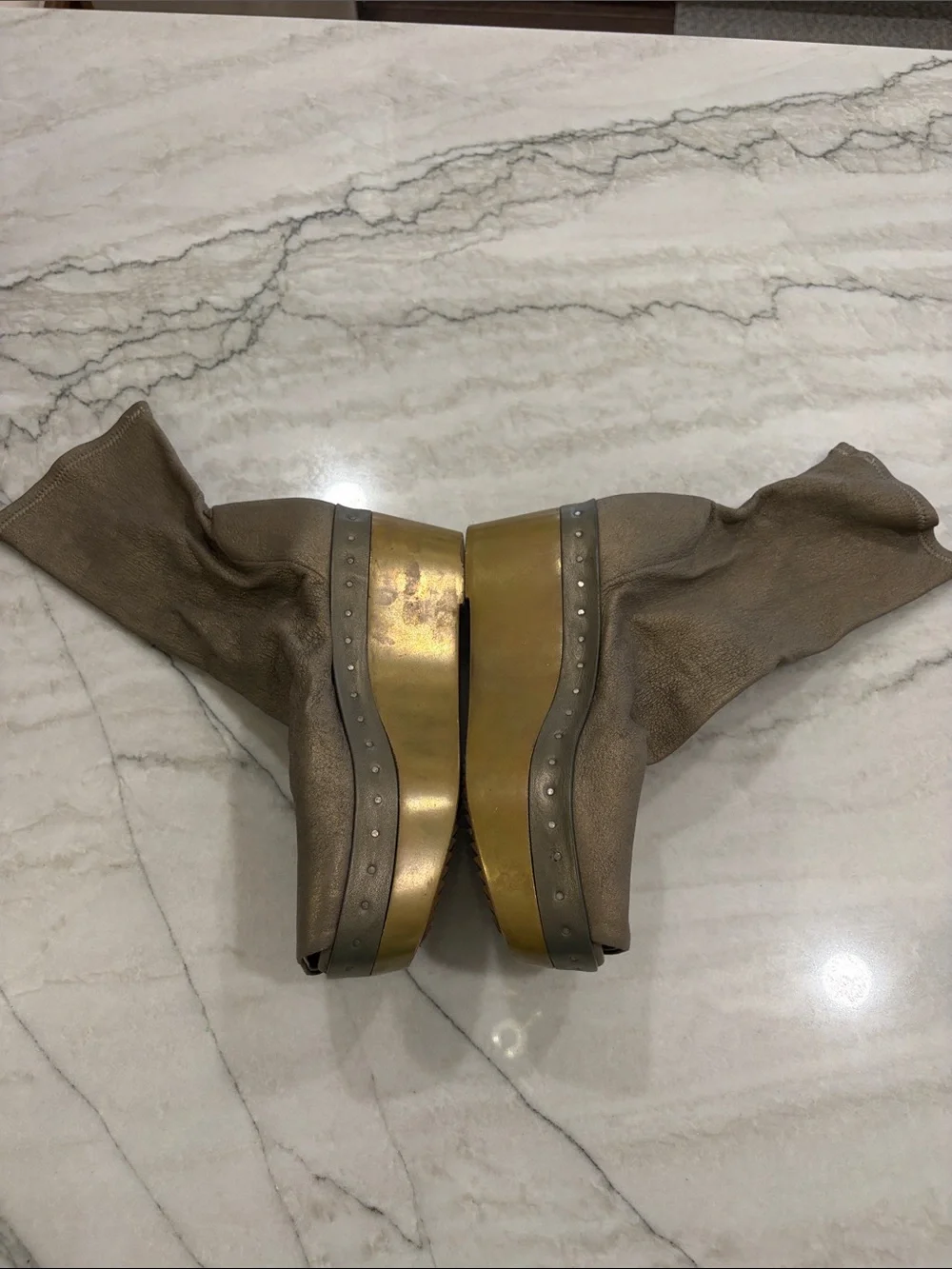 Rick Owens Taupe Sock Platform Wedge Boots with Brass Platform SZ 37